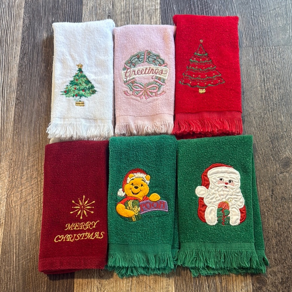 Vintage Set Of 6 Hand Guest Towels Christmas Holiday Fringe Cotton Embroidered